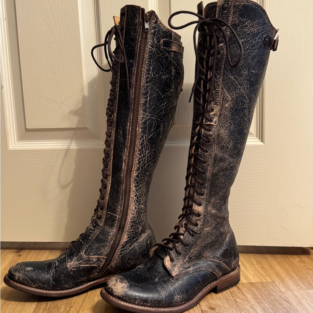 Bed Stu Distressed Black and Brown Lace Up Boots